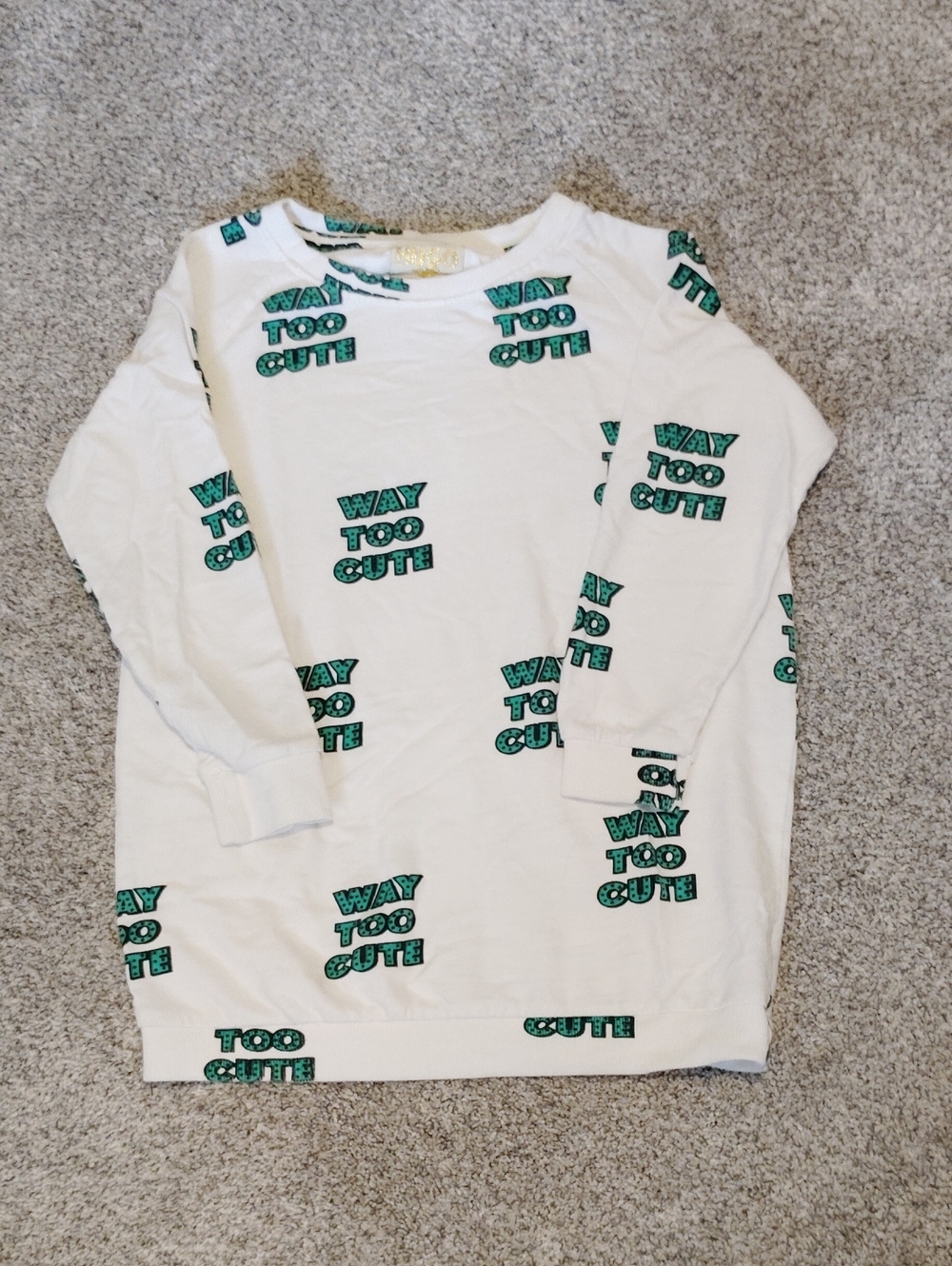 Kids White Long-Sleeve Sweatshirt with Green "Way Too Cute" Print